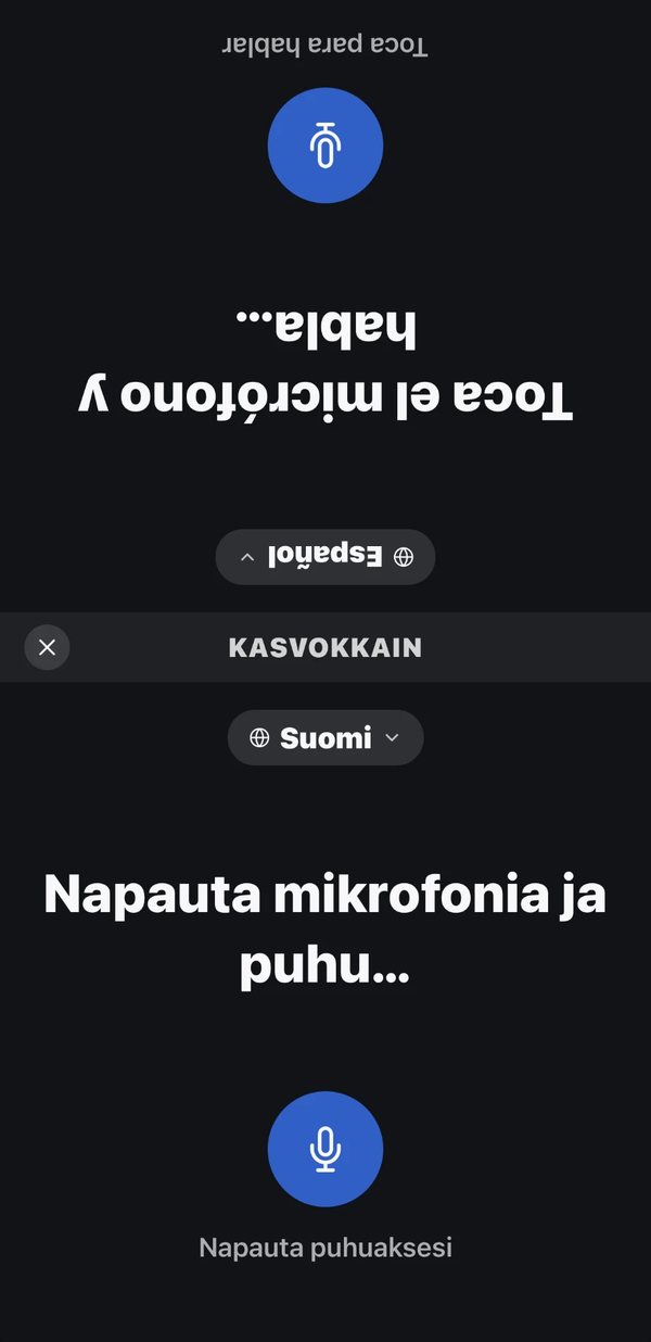 Espero’s face-to-face mode on one phone: Spanish upside down at the top, Finnish at the bottom, and the KASVOKKAIN bar between them.